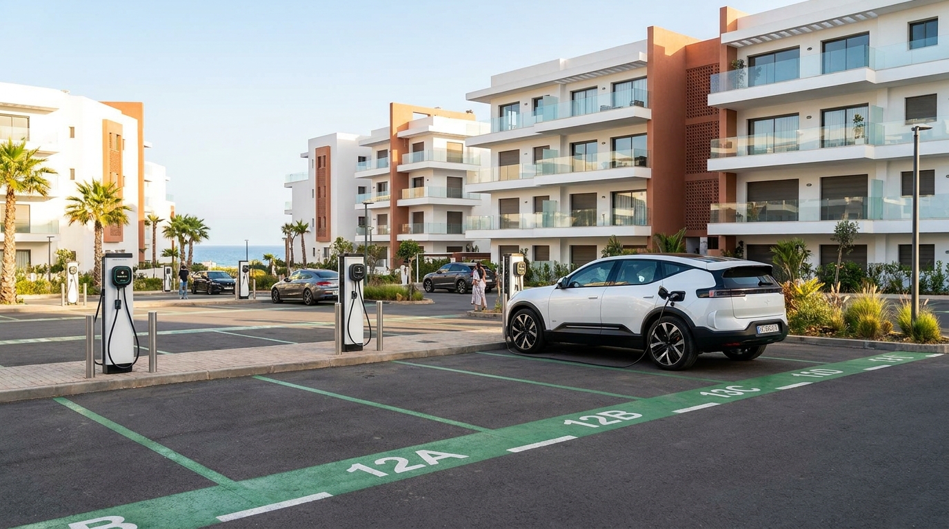 Borne de recharge électrique dans une résidence moderne en copropriété au Maroc