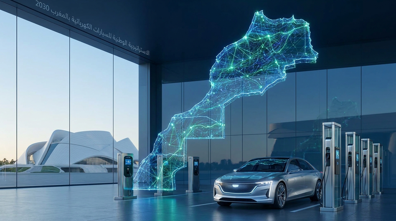 Carte du Maroc avec réseau de bornes de recharge électrique connecté, stratégie nationale VE Maroc 2030